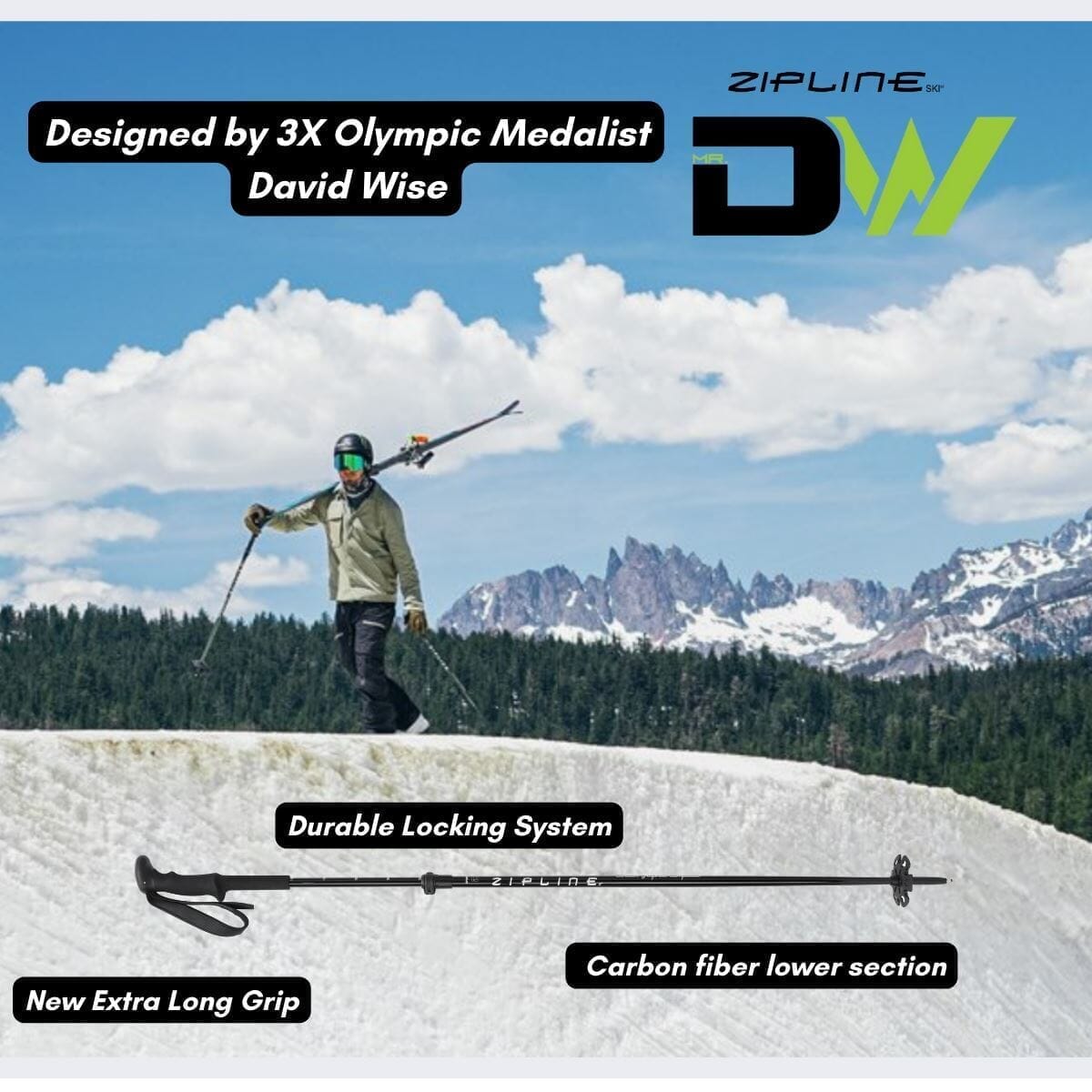 MRDW Collection - Zipline Blurr EXT - Adjustable Graphite Composite Ski Poles - ZiplineSki
